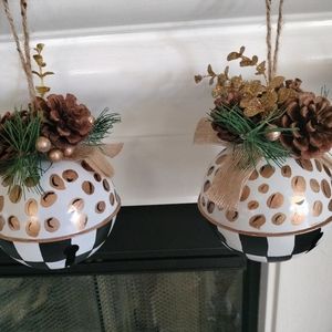Pair of metal bell ornaments 5 x 7" black and white checks leopard print